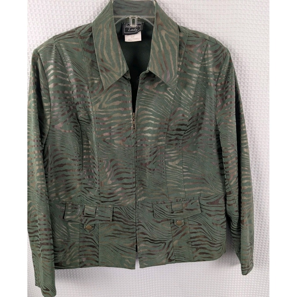 Southern Lady Green Brown Tiger Stripe Zip Front Blazer Jacket Womans Sz 12